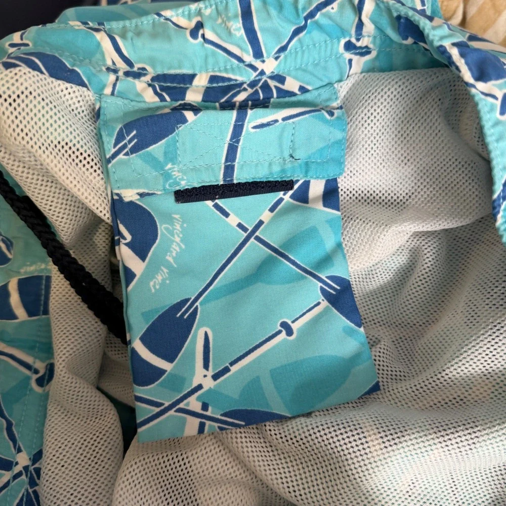 Vineyard Vines Swim‎ Trunks Medium Blue Oar Print Mesh Lined Preppy Resortwear